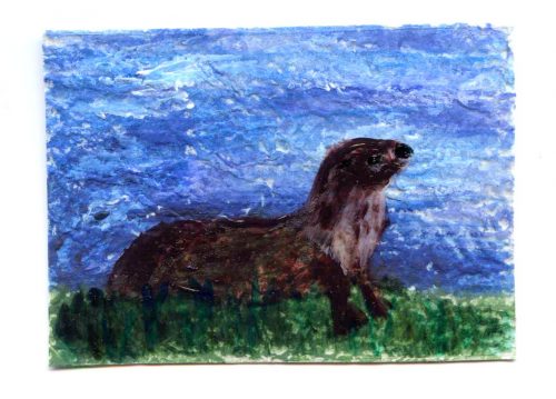 Mixed media miniature painting with an otter on the riverbank