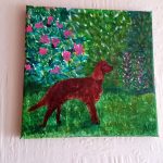 Nature, animal art with a Red Setter dog in a garden. Acrylic and glass painting on canvas