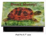 IPad pro case with a tortoise painting and the text Don't Hurry!