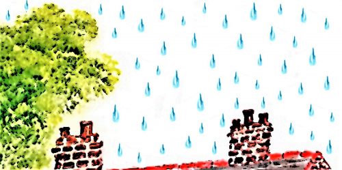 Illustration for the water cycle poem with raindops falling on a roof