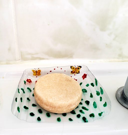 recycled soap dish with original glass painting of two butterflies, red flowers and green leaves pattern