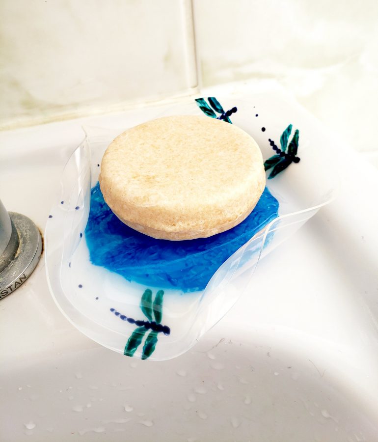 Soap dish with blue dragonflies. an original waterproof glass painting
