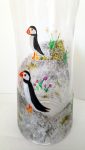 Hand painted vase with puffins on a cliff