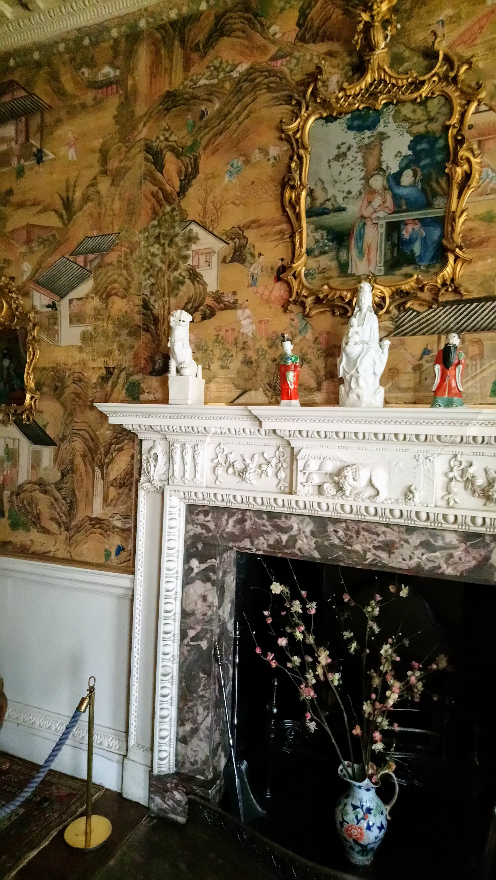 Saltram House interior Chinese wallpaper and fireplace 