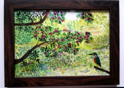 Mixed media acrylic and glass painting with a kingfisher sitting by a pond and rhododendron tree