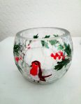 Glass Christmas candle holder hand painted with a robin and holly