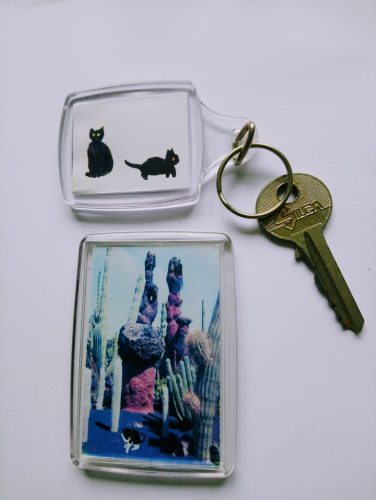 A keyring with 2 black cats and fridge magnet with a black and white cat in a cactus garden
